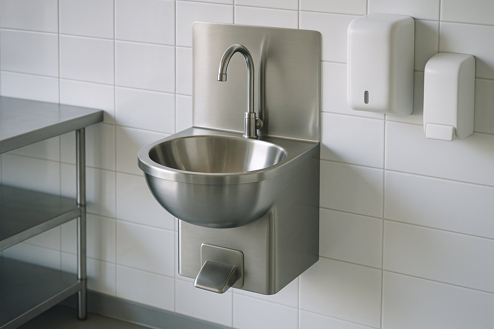 Wall-hung stainless steel hand wash basin with a knee valve in a commercial kitchen prep room